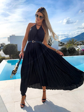 Pleated Bohemian Maxi Dress With Belt