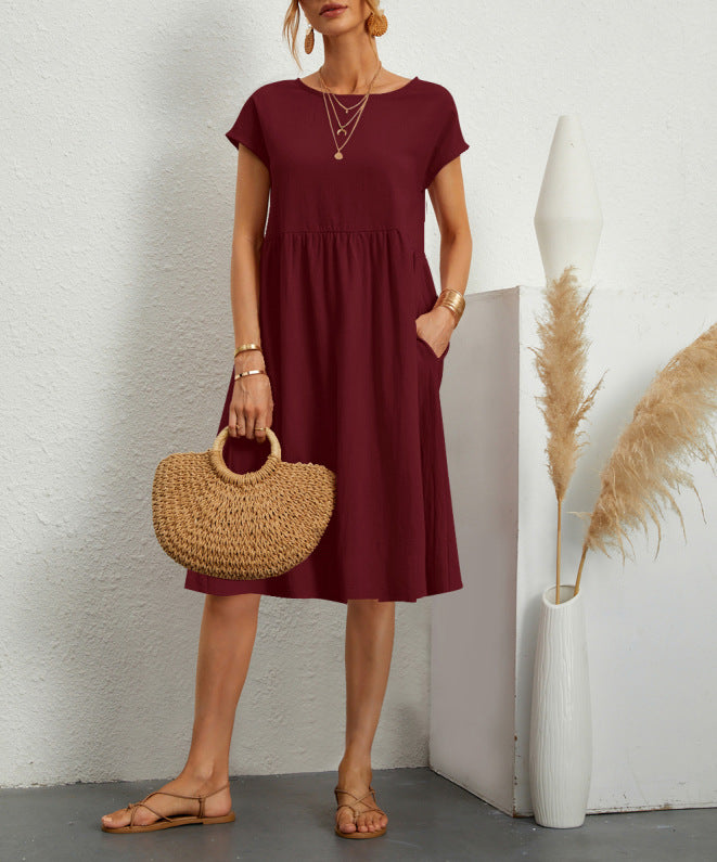 Cotton Round Neck A-Line Skirt Dress