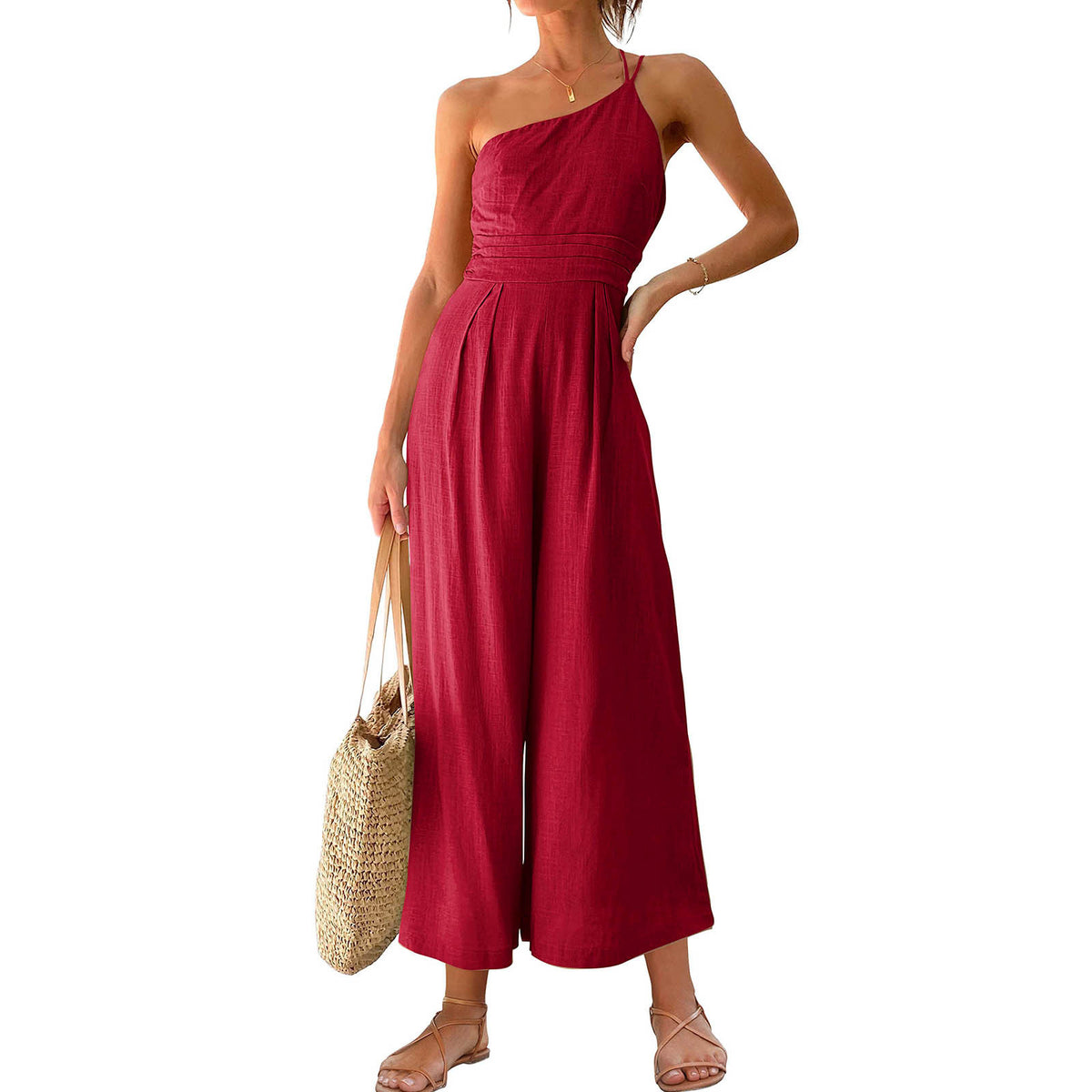 One Shoulder Strap Pleated High Waist Jumpsuit