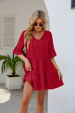 Pleated Ruffled Short Sleeve Lace-up Dress