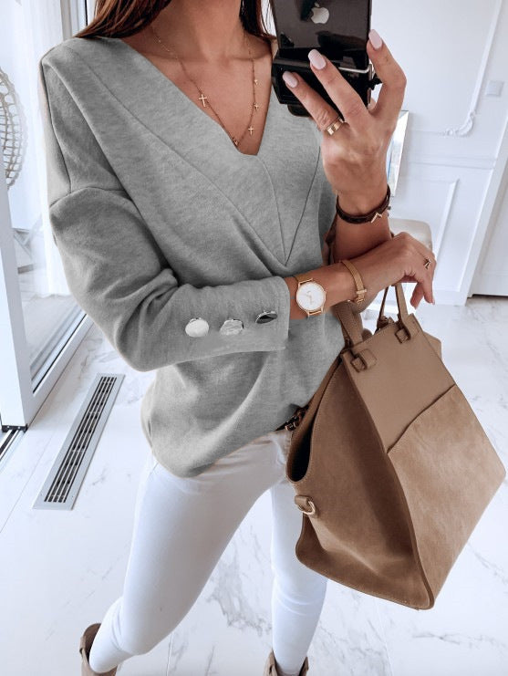 Long Sleeve Solid Color V-Neck Button Top Bottoming Shirt