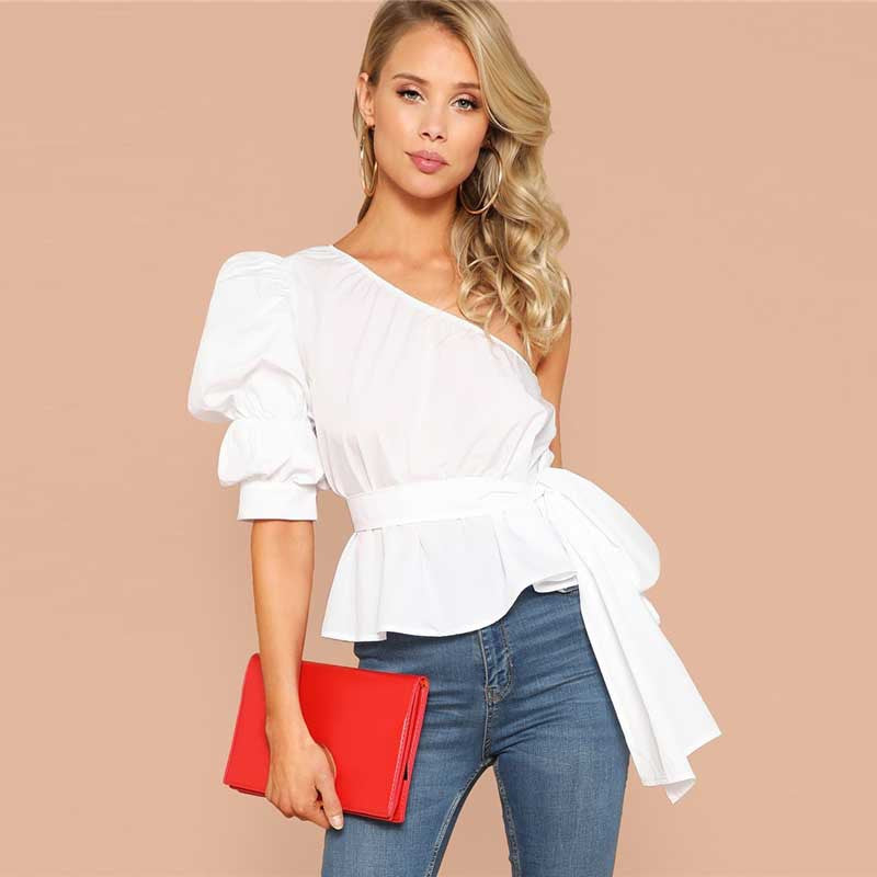 Lantern Sleeves Right Off-The-Shoulder Top