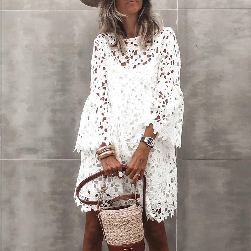 Round Neck Lace Flared Sleeve Ruffle Dress