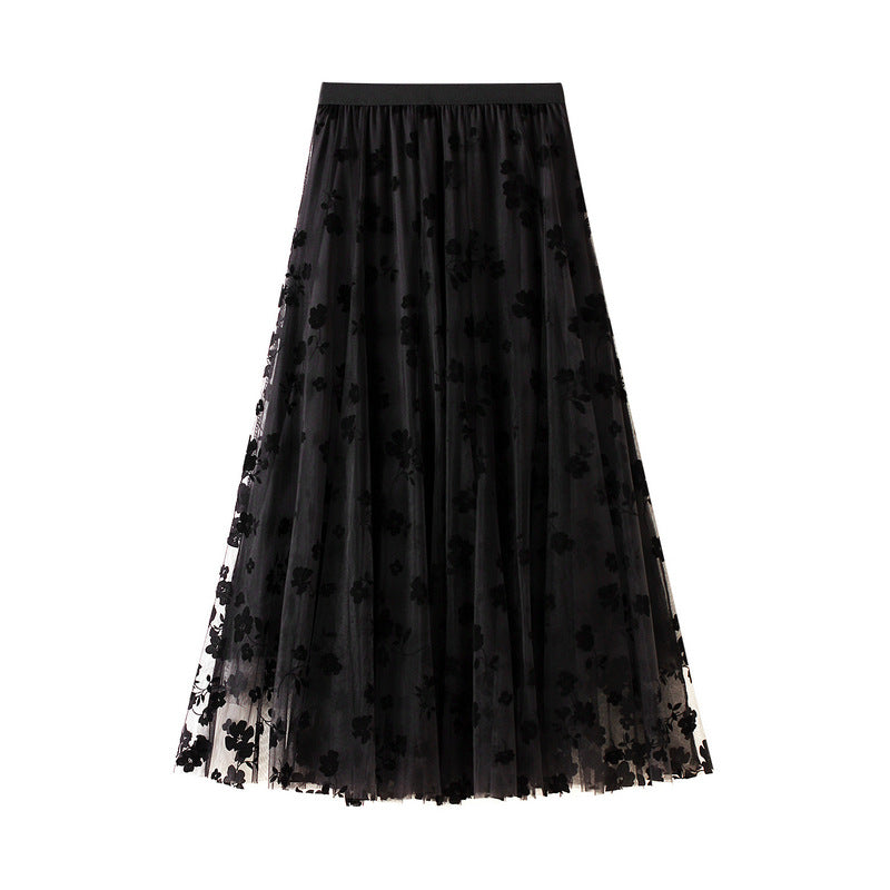 Pleated Flocking Mesh Skirt Women