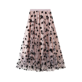 Pleated Flocking Mesh Skirt Women