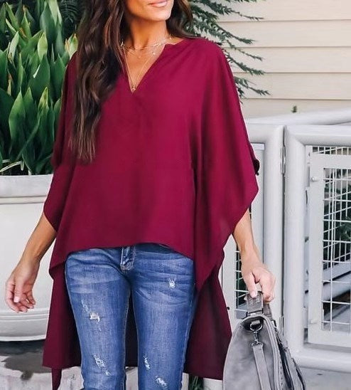 Simple And Fashionable V-neck Loose Raglan Sleeve Top