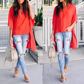 Simple And Fashionable V-neck Loose Raglan Sleeve Top