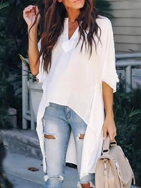 Simple And Fashionable V-neck Loose Raglan Sleeve Top