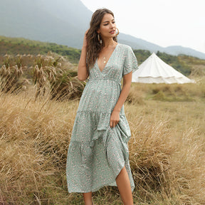 Long Dress Boho Dress With V-neck