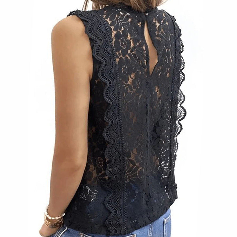 Women's Summer Solid Color Lace Sleeveless V-Neck Shirt