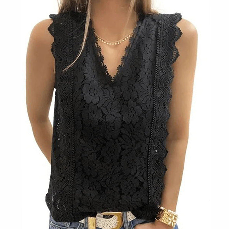 Women's Summer Solid Color Lace Sleeveless V-Neck Shirt