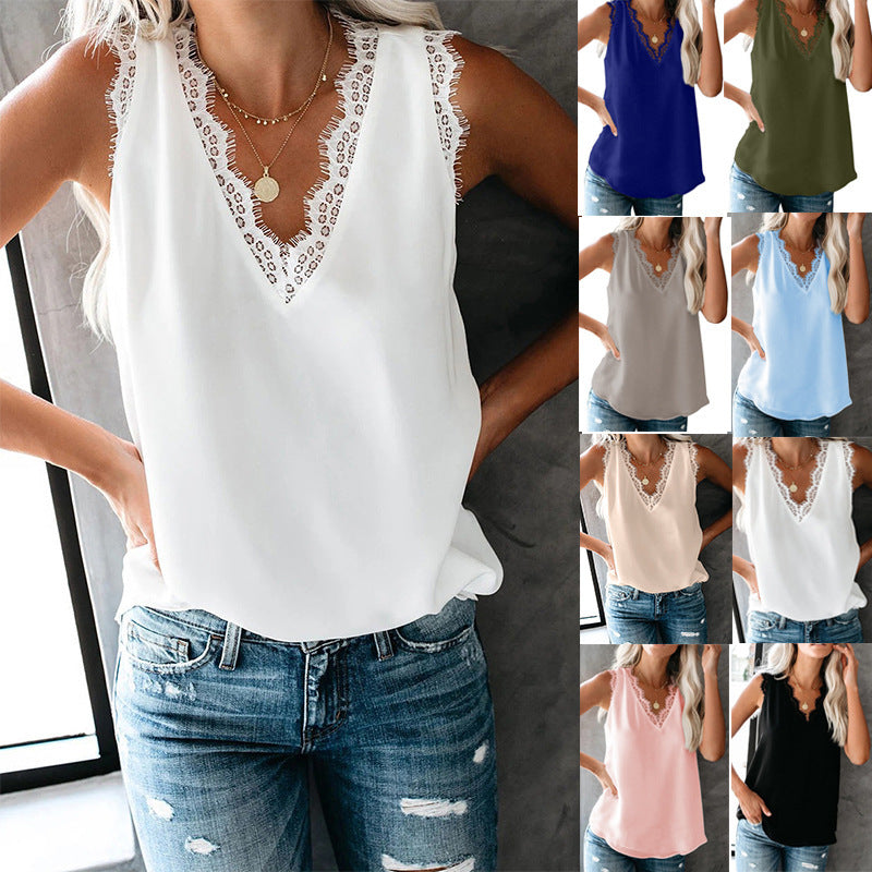 V-neck Lashes Lace Sleeveless Loose Top