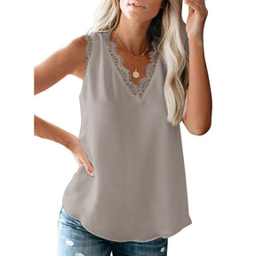 V-neck Lashes Lace Sleeveless Loose Top