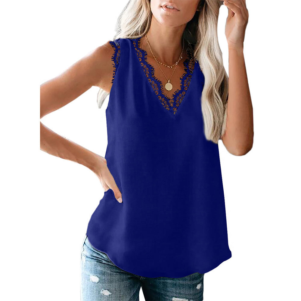 V-neck Lashes Lace Sleeveless Loose Top