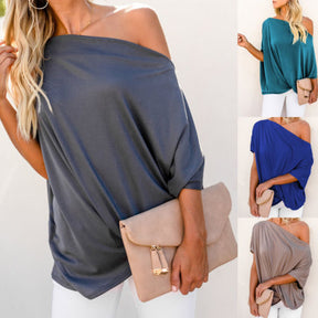 Pleated Solid Color Loose Shoulder Ladies T-Shirt