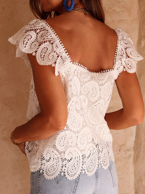 Hollow Lace Crochet Ruffled Square Collar Top