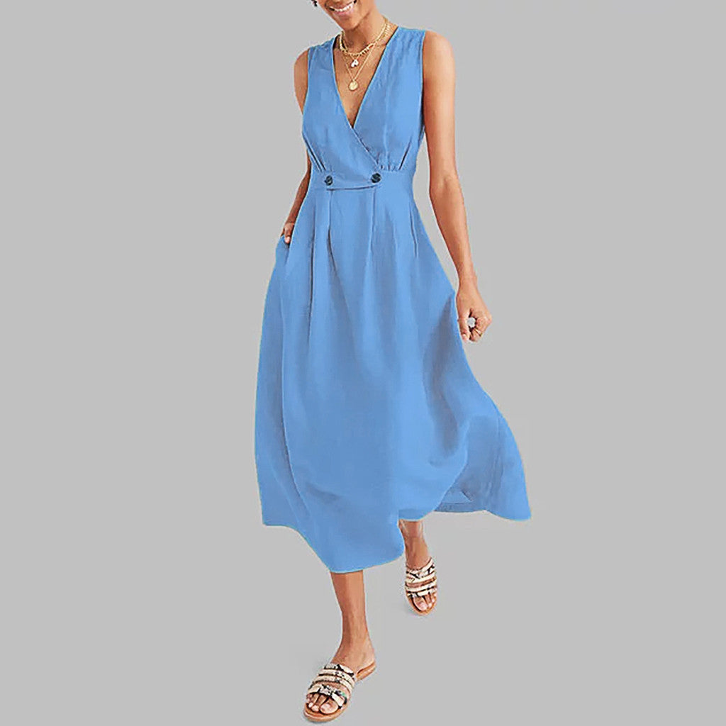 Women's Collarless Sleeveless Solid Color Dress