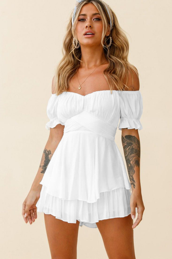 Off-Neck Lantern Ruffle Sleeve Casual Jumpsuit