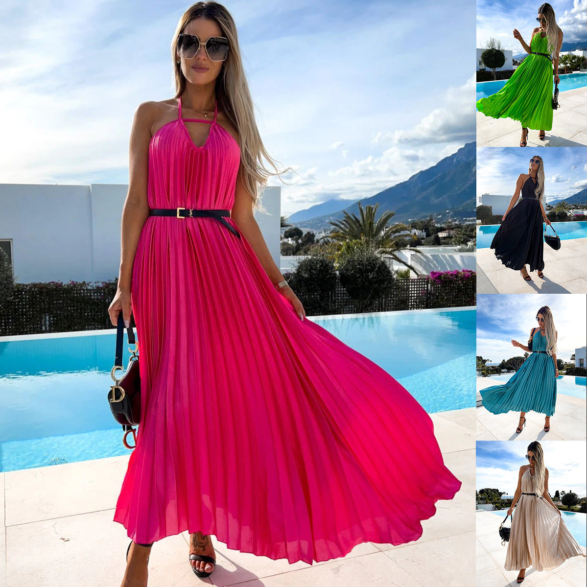 Pleated Bohemian Maxi Dress With Belt