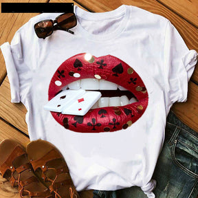 Poker Spades Sequin Lip Print Loose Short Sleeves