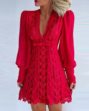 Elegant V Neck Lace Dress With Long Puff Sleeve Butterfly