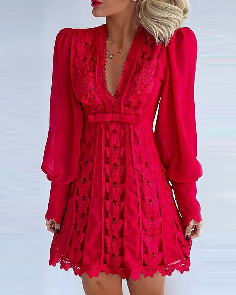 Elegant V Neck Lace Dress With Long Puff Sleeve Butterfly