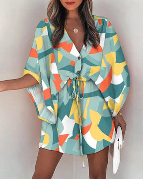 Women's V-Neck Tie Printed Beach Dress