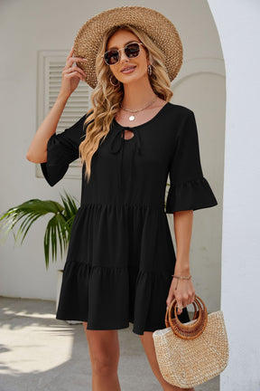 Pleated Ruffled Short Sleeve Lace-up Dress