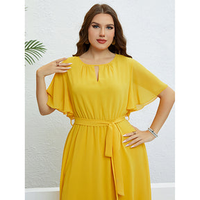 Yellow V-Neck Lace-Up Waist-Controlled Dress