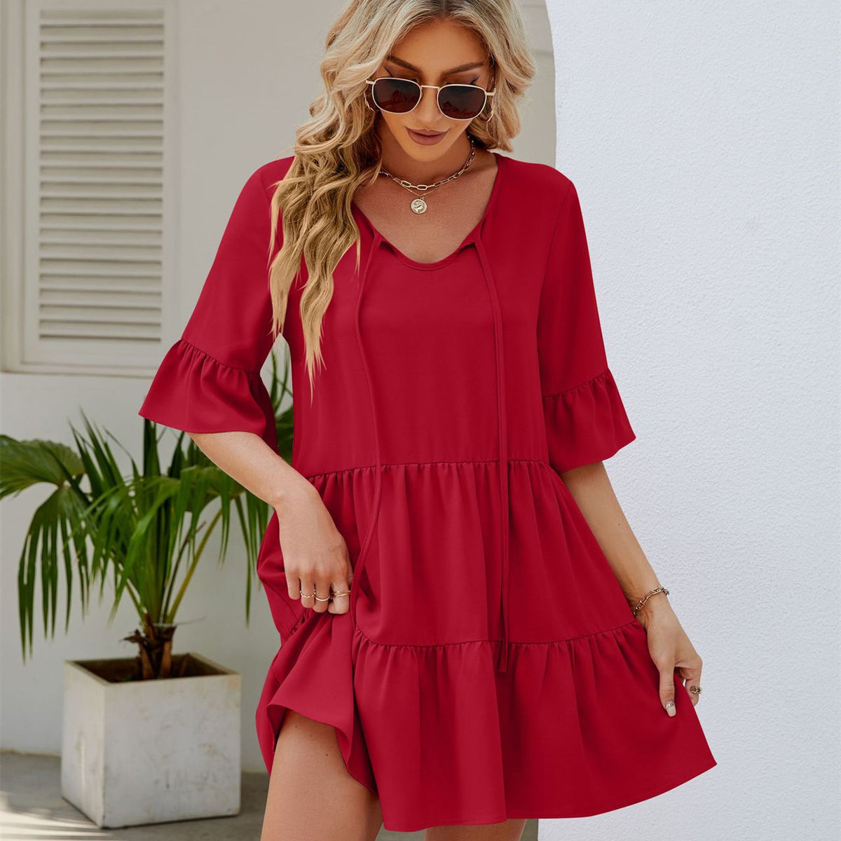 Pleated Ruffled Short Sleeve Lace-up Dress