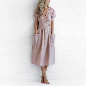 Short Sleeve V-Neck Linen Dress