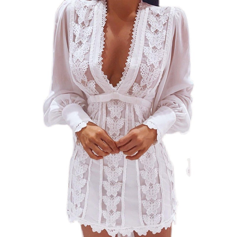 Elegant V Neck Lace Dress With Long Puff Sleeve Butterfly