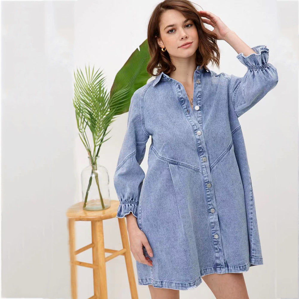 Fashion Denim Loose Lantern Sleeve Shirt