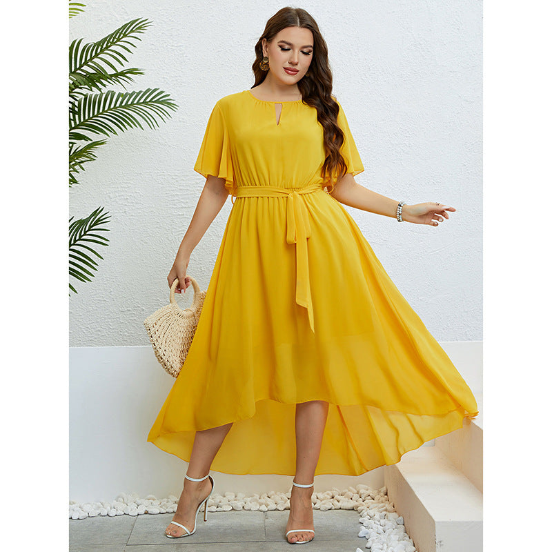 Yellow V-Neck Lace-Up Waist-Controlled Dress