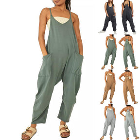 Spaghetti Strap Long Pant Jumpsuit With Pockets Zipper