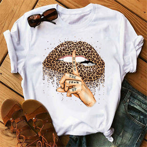 Poker Spades Sequin Lip Print Loose Short Sleeves