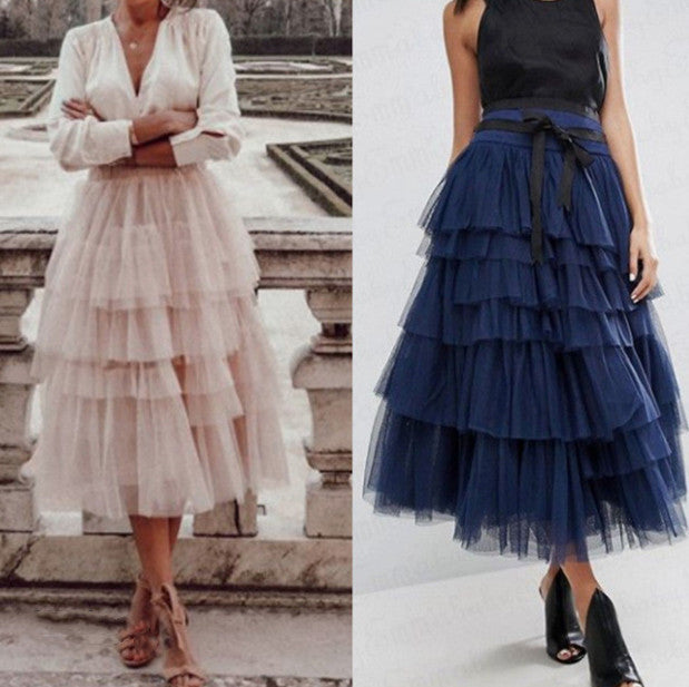 Wave Ruffle Layered Ruched High Waist Skirt