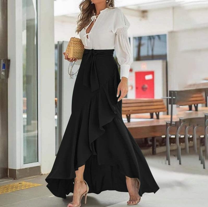 Belt Lace Sheath Fishtail High Waist Irregular Skirt