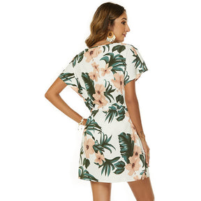 Summer Printed Drawstring V-Neck Dress