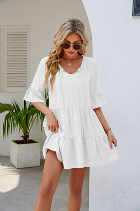 Pleated Ruffled Short Sleeve Lace-up Dress