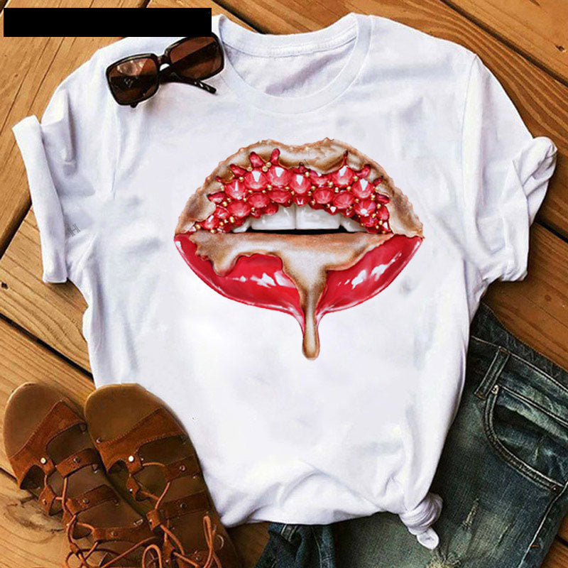 Poker Spades Sequin Lip Print Loose Short Sleeves