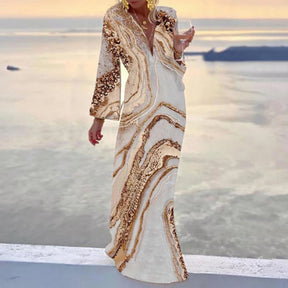 Printed V-Neck Chiffon Sleeve Waistband Beach Dress