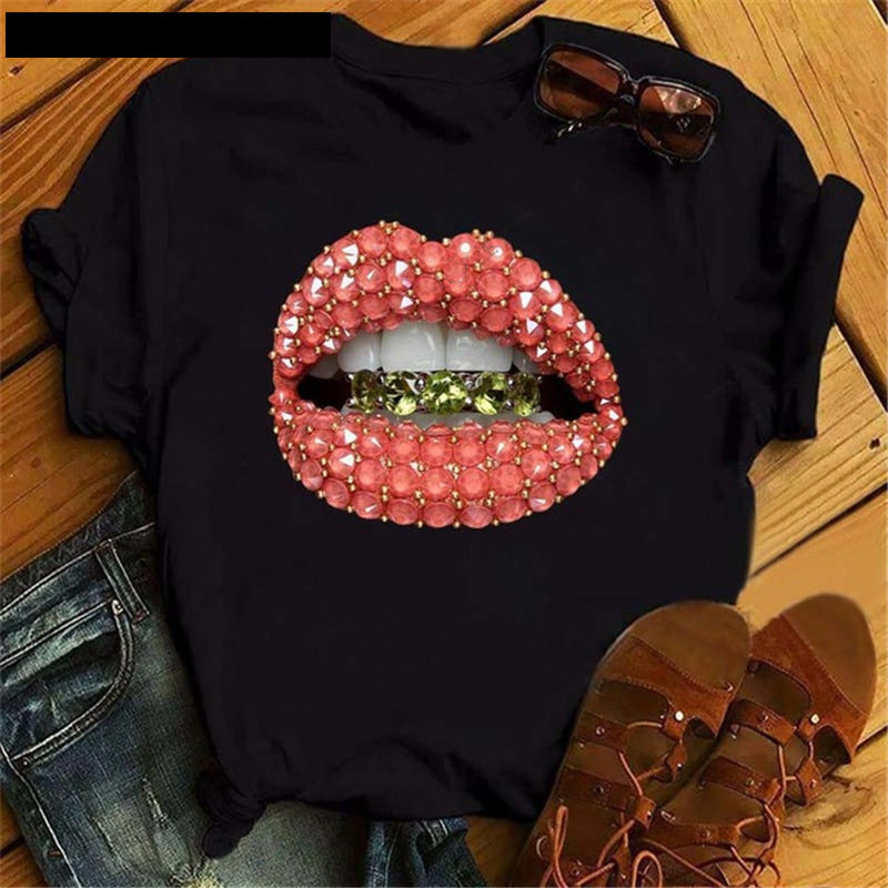 Poker Spades Sequin Lip Print Loose Short Sleeves