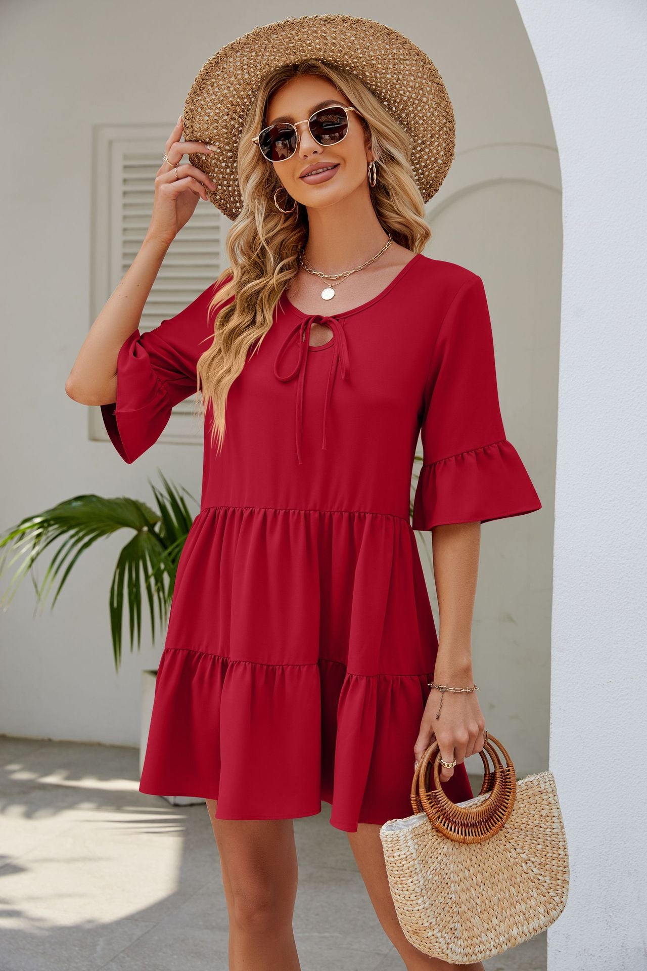 Pleated Ruffled Short Sleeve Lace-up Dress