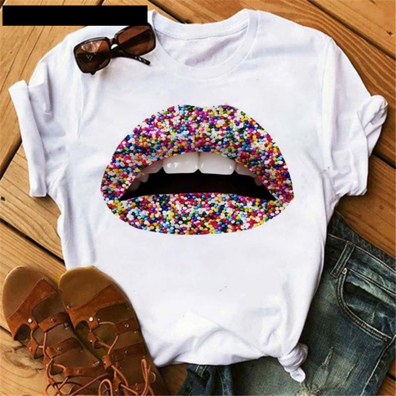 Poker Spades Sequin Lip Print Loose Short Sleeves