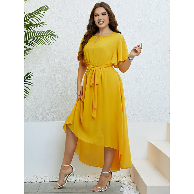 Yellow V-Neck Lace-Up Waist-Controlled Dress