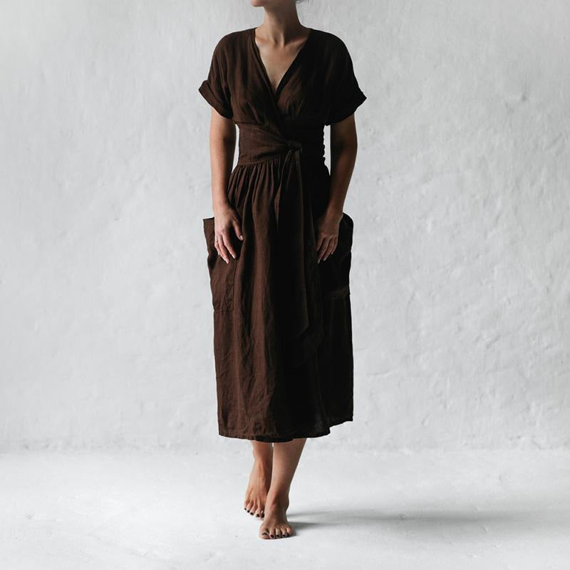 Short Sleeve V-Neck Linen Dress