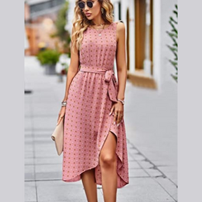 Sleeveless Round Neck Tied Polka Dot Dress