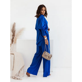 Loose Elastic Wrinkle Long-Sleeved Shirt With Wide-leg Pants