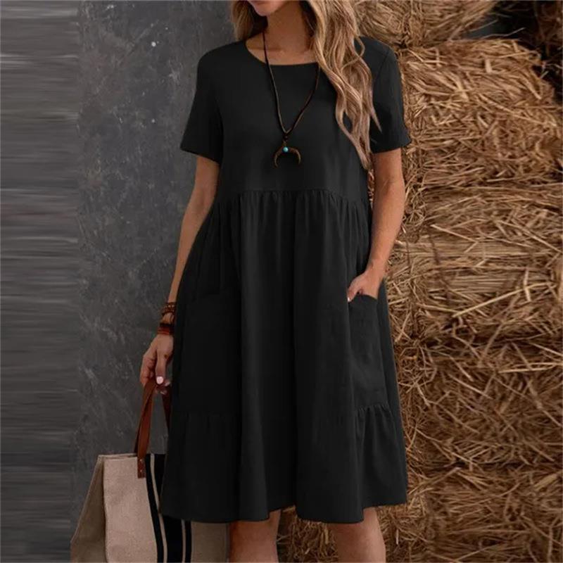 Summer Cotton And Linen Loose Round Neck Dress